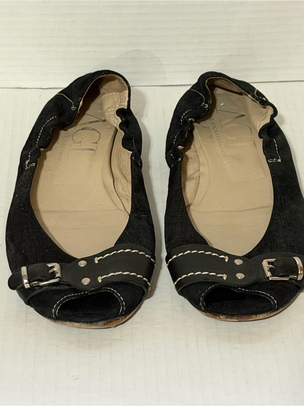 AGL Black Suede Peep-Toe Flats with Buckle Accent